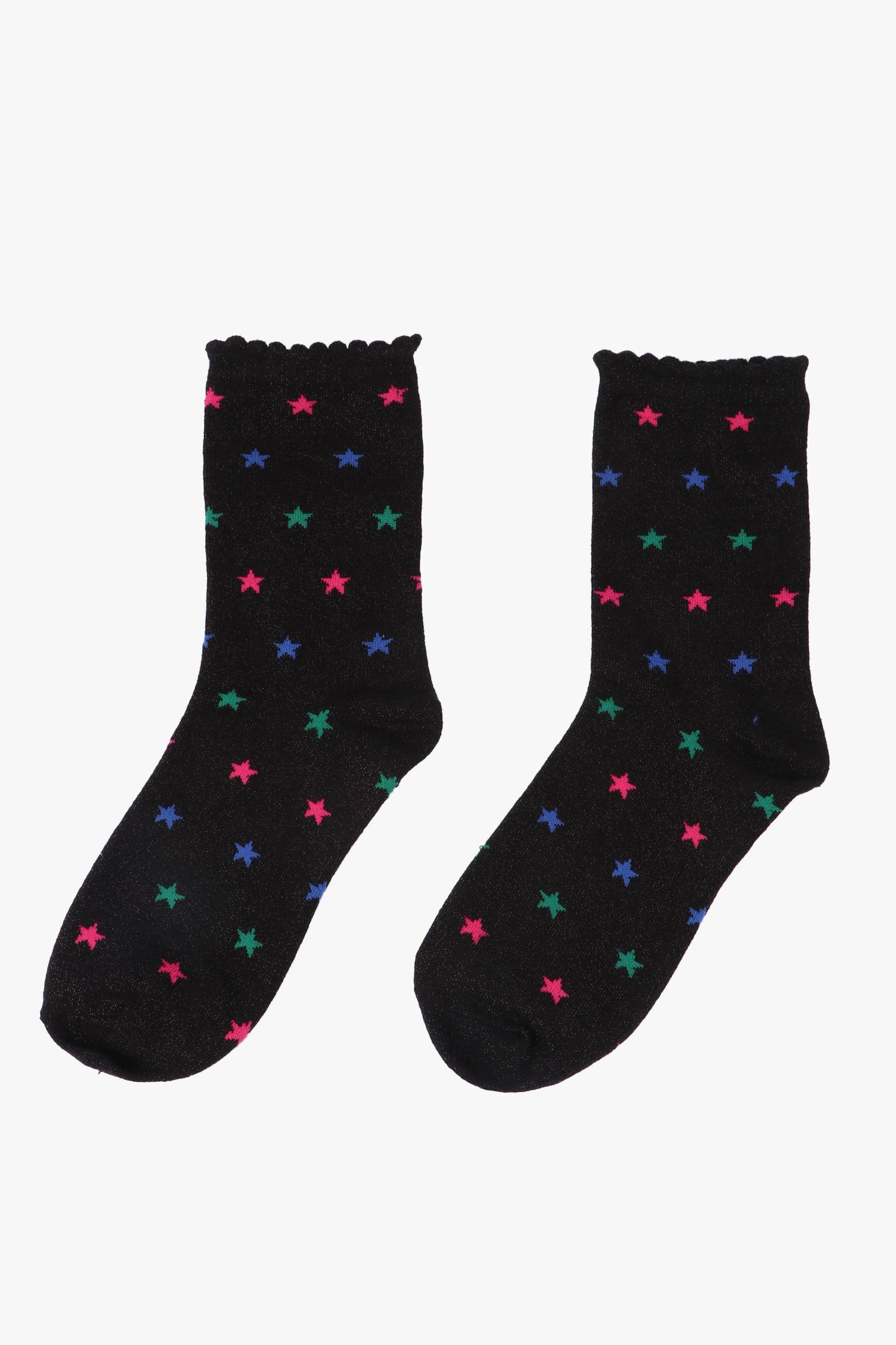 Black Multi Star Print Glitter Socks with Scalloped Cuffs