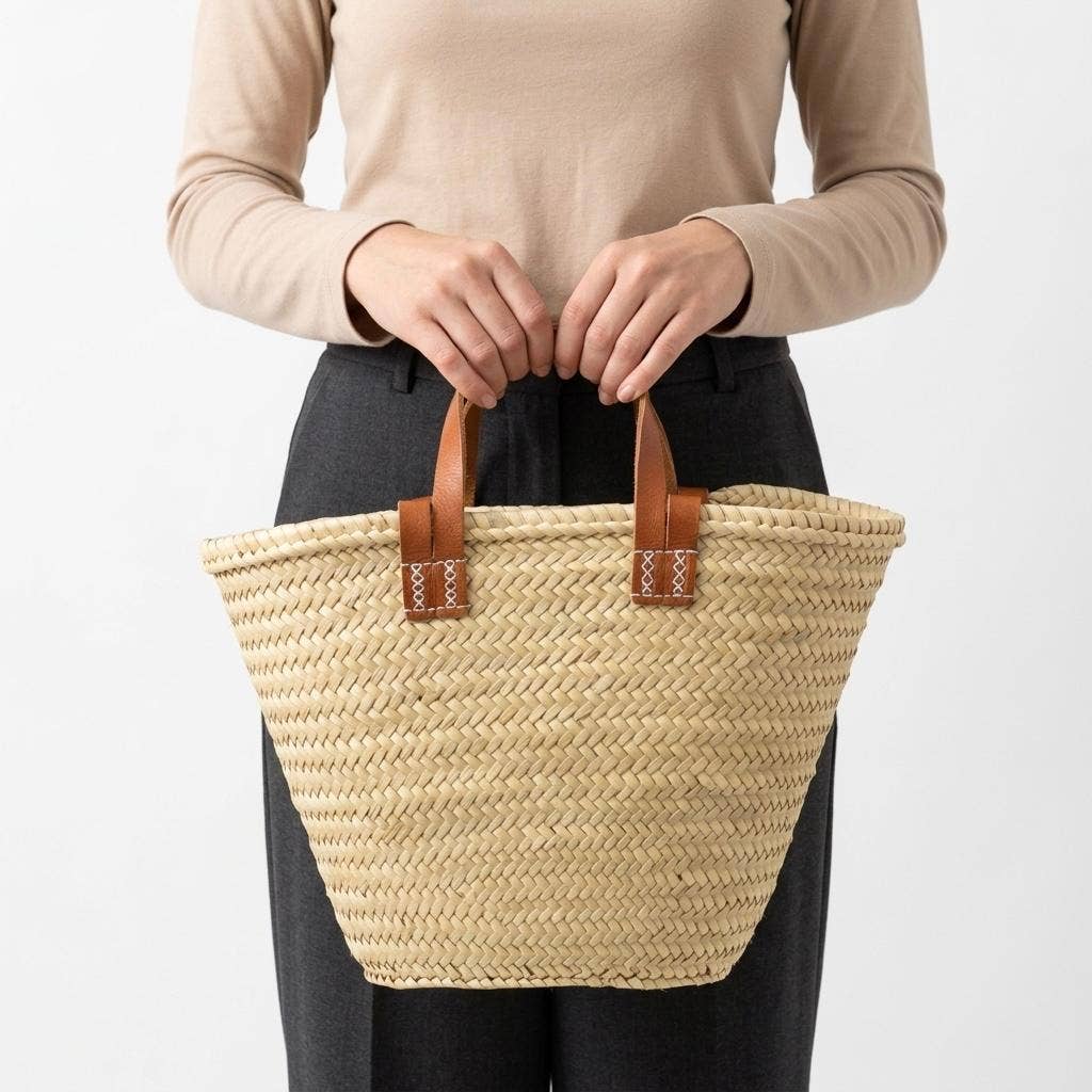 Large Woven Straw Tote Bag with Leather Handles