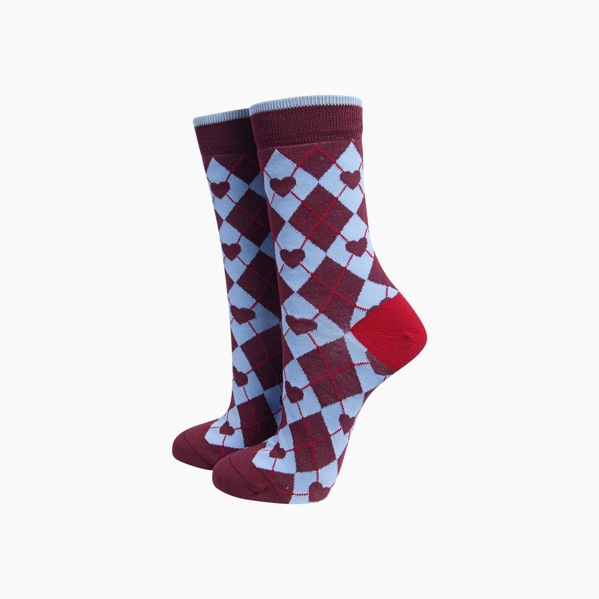 Heart Argyle Women's Bamboo Socks in Burgundy/Blue