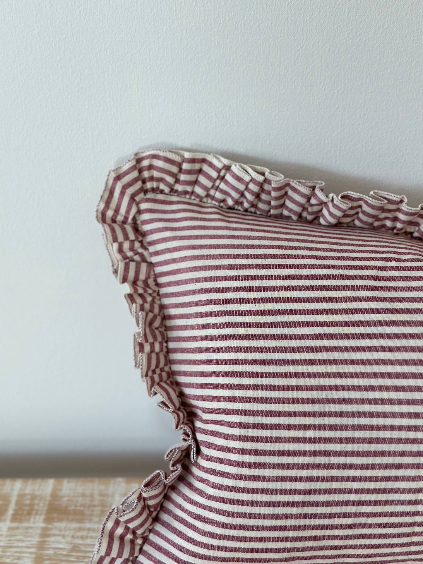 Darcy Ruffle Cotton Cushion Cover 50x30 – Burgundy Stripe