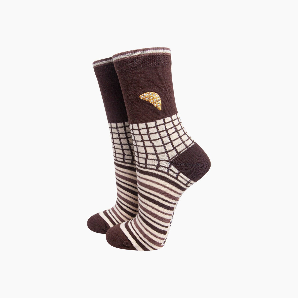 Croissant Combed Cotton Pattern Embroidered Socks in Brown/Cream