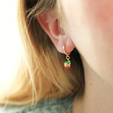 Load image into Gallery viewer, Enamel Strawberry Huggie Hoop Earrings in Gold
