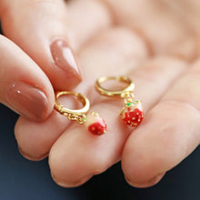 Load image into Gallery viewer, Enamel Strawberry Huggie Hoop Earrings in Gold
