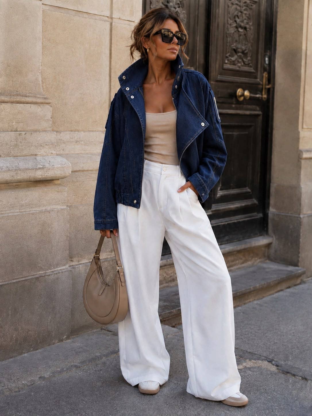 Oversized Short Denim Jacket with Stand Collar