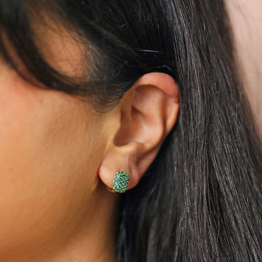 Green Crystal Pavé Square Huggie Hoop Earrings