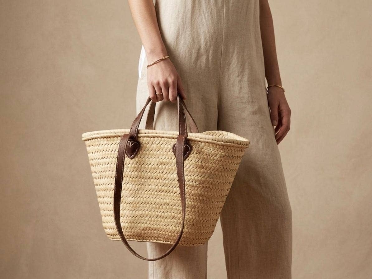 Moroccan Straw Tote with Long Leather Straps