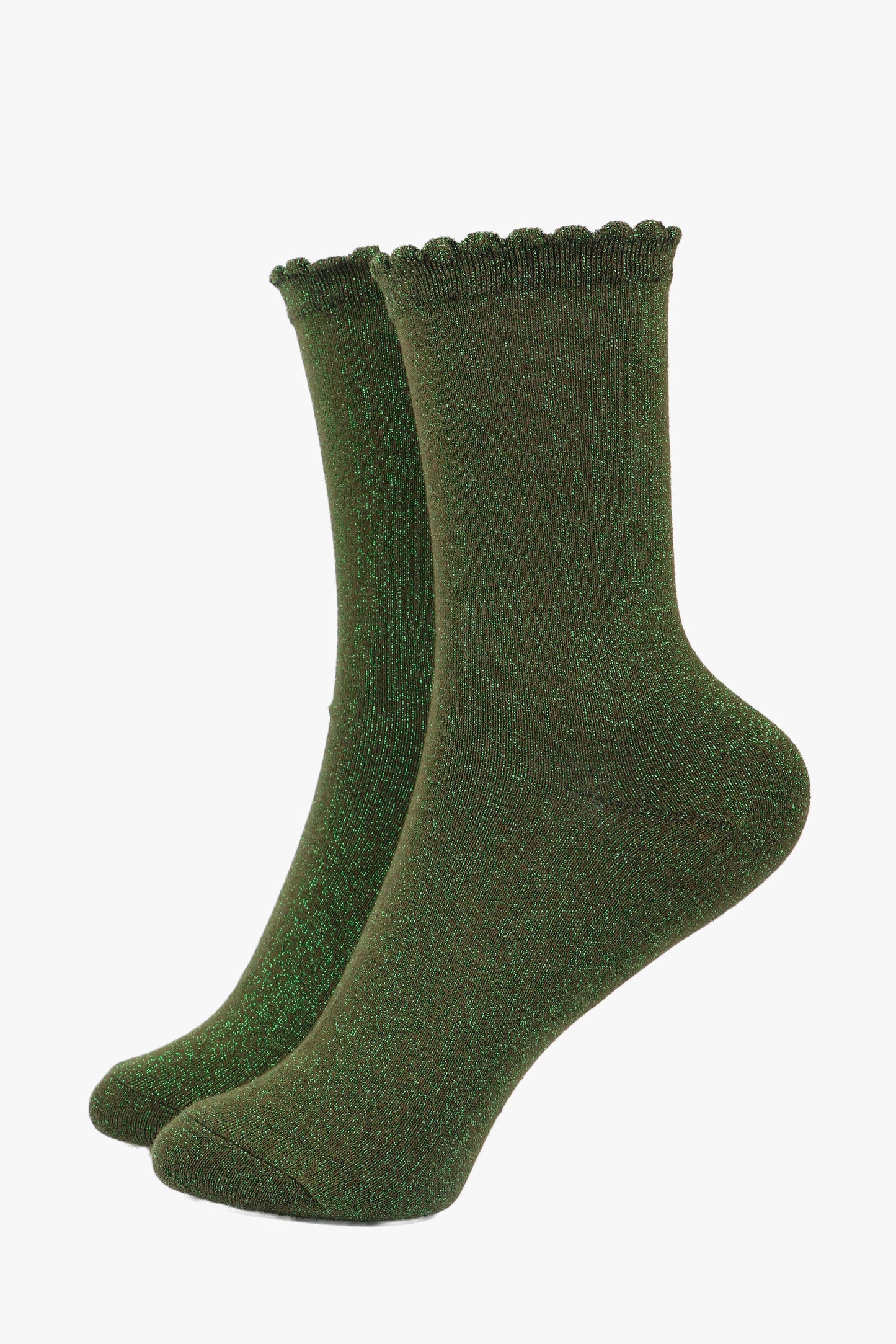 Khaki All Over Glitter Socks with Scalloped Cuff