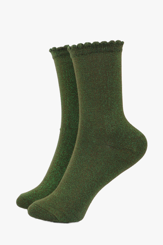 Khaki All Over Glitter Socks with Scalloped Cuff