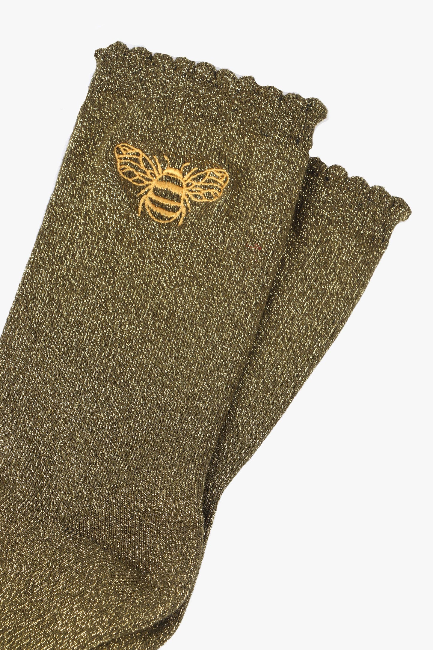 Khaki Bee Glitter Socks with a Scalloped Cuff