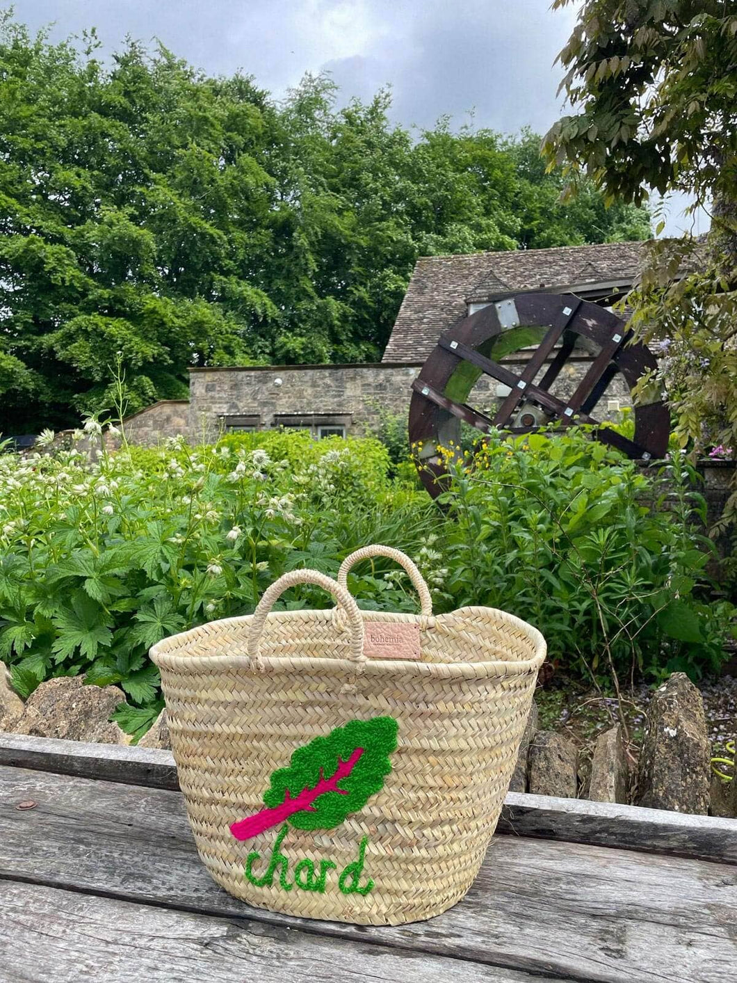 Hand Embroidered Market Basket, Chard - MarramTrading.com