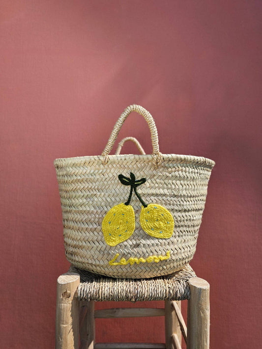 Hand Embroidered Market Basket, Lemons - MarramTrading.com