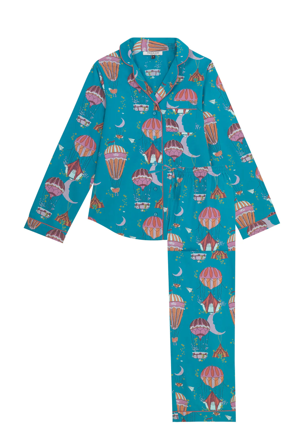 Womens Traditional Cotton Pyjama Set, Teal Balloons Print