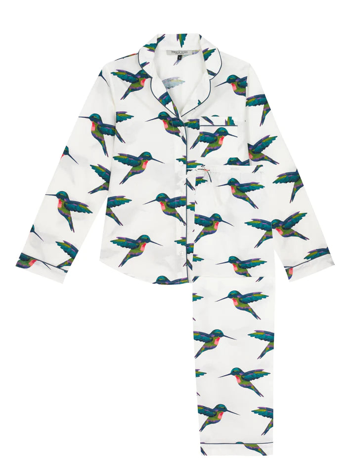 Womens Cotton Traditional Pyjamas White Hummingbird