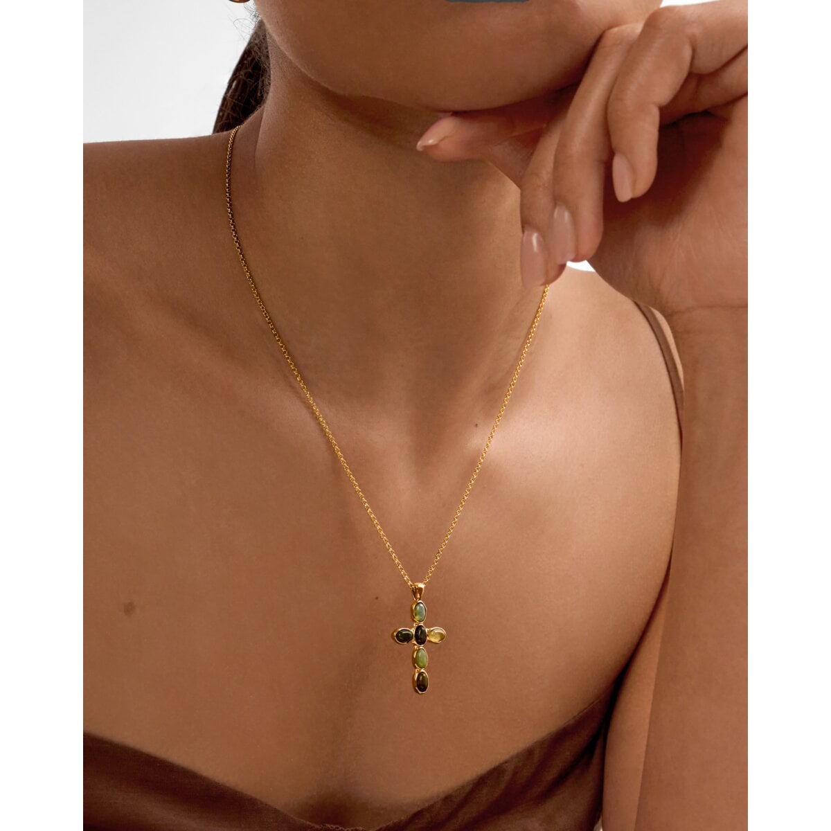 Stone Cross Waterproof Gold Necklace