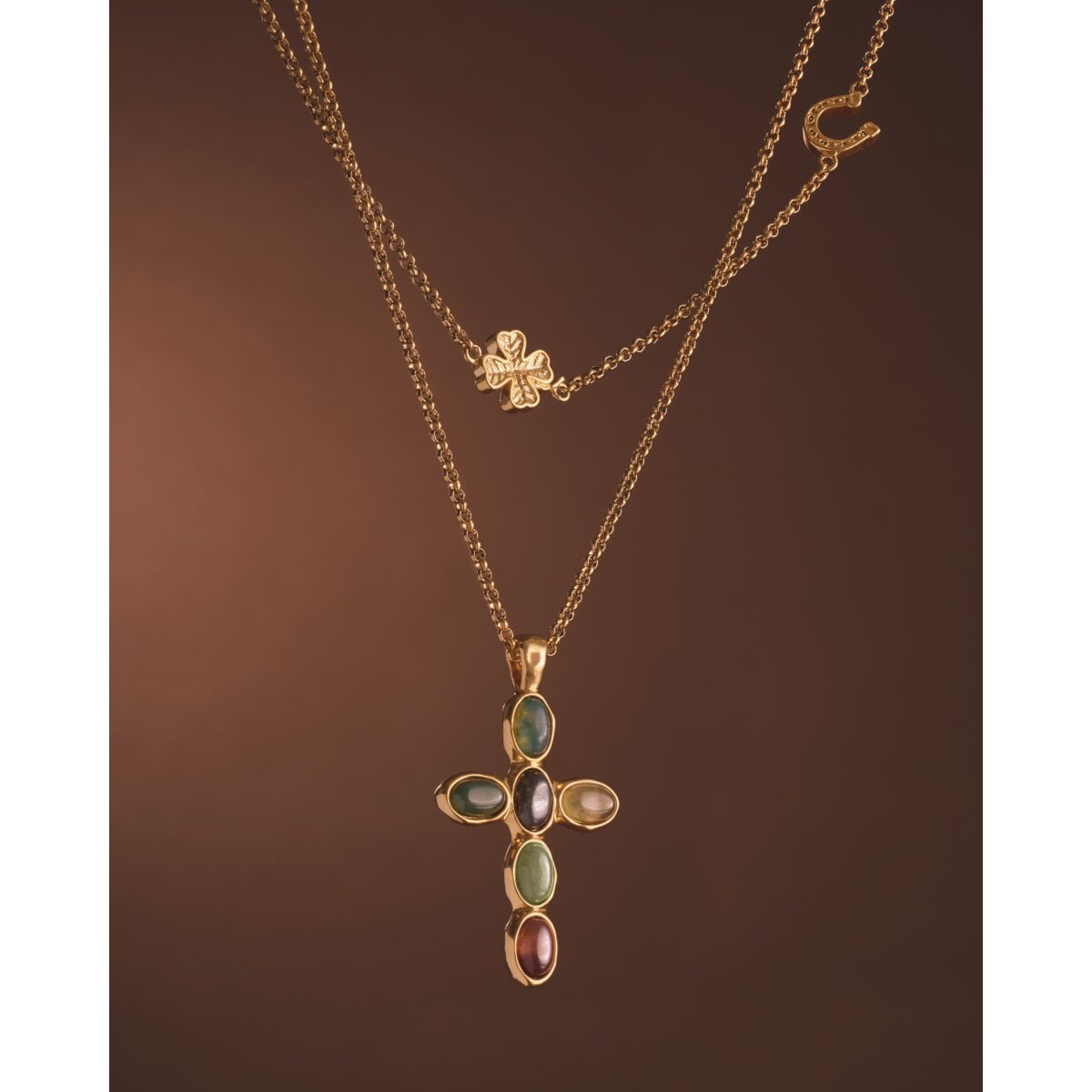 Stone Cross Waterproof Gold Necklace