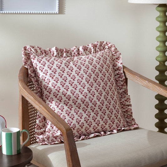 Lulah Block Printed Ruffle Cushion Linen/Red - MarramTrading.com