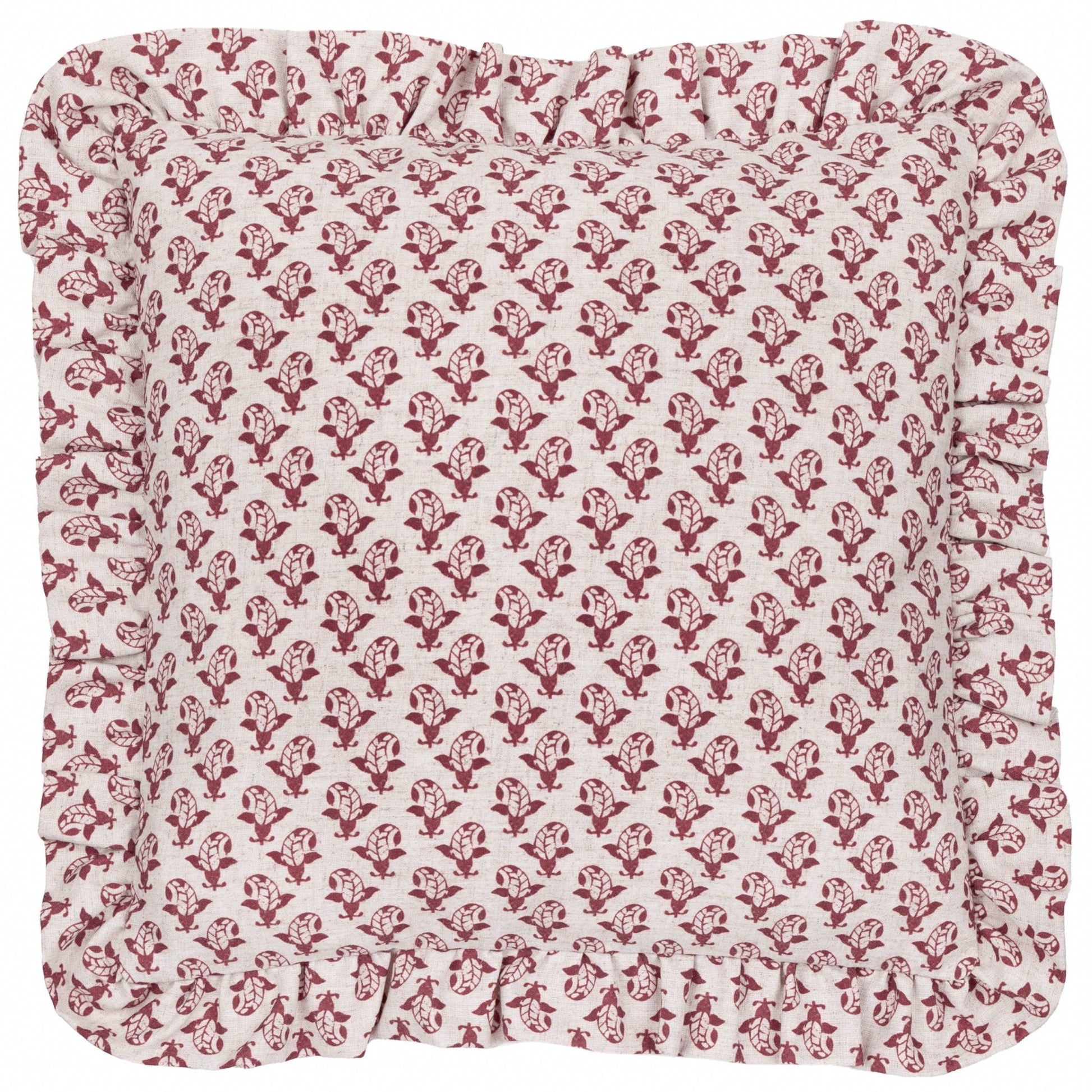 Lulah Block Printed Ruffle Cushion Linen/Red - MarramTrading.com