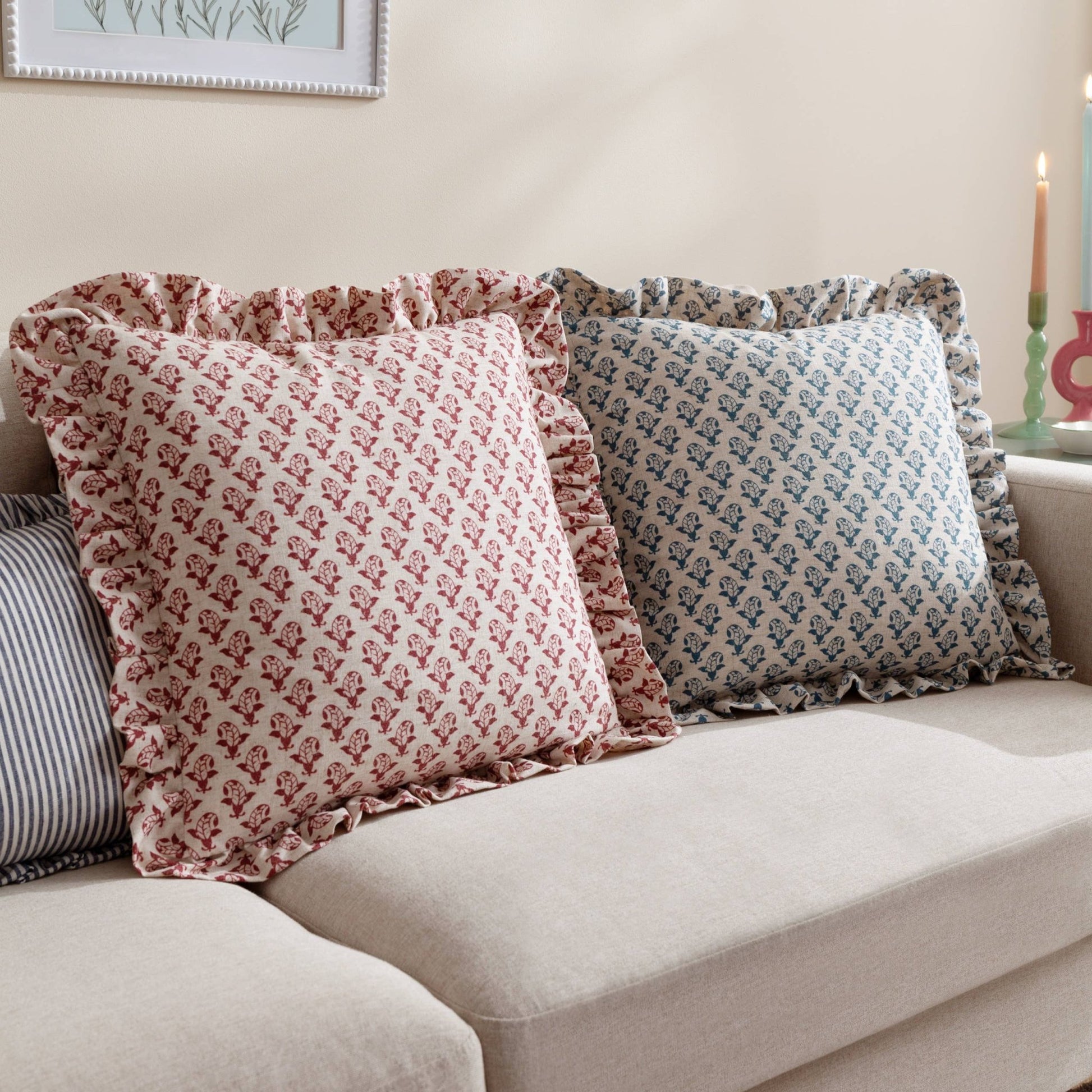 Lulah Block Printed Ruffle Cushion Linen/Red - MarramTrading.com