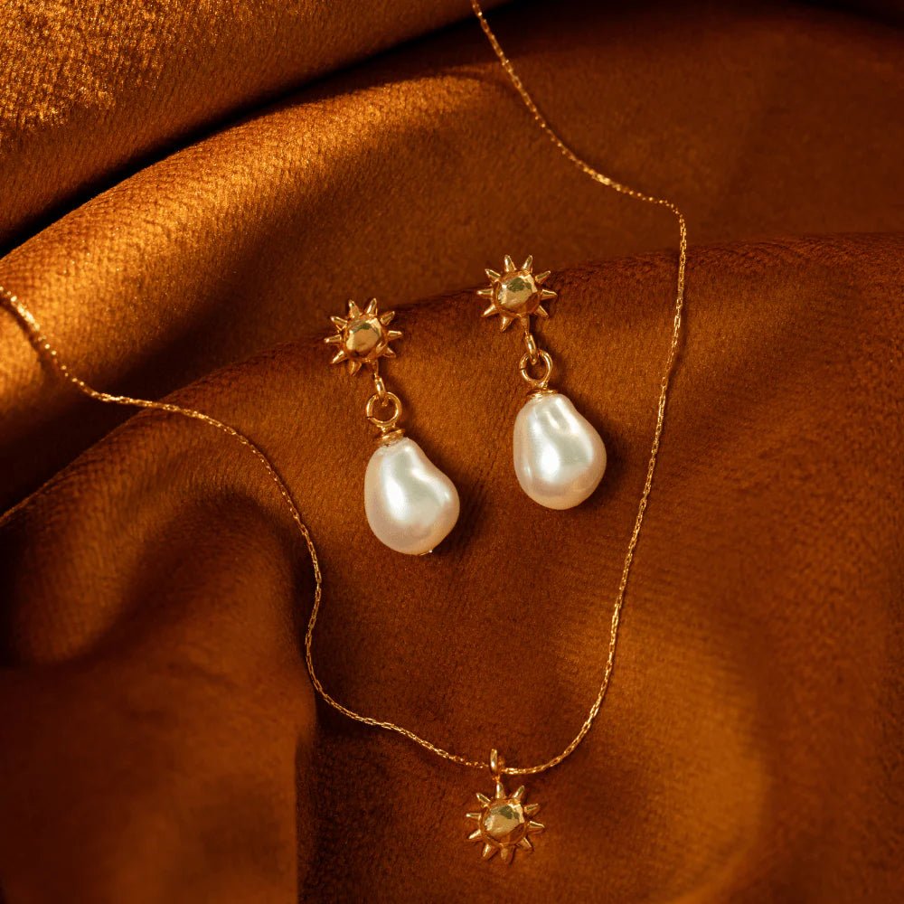 Mini Molten Sun & Pearl Drop Earrings - MarramTrading.com