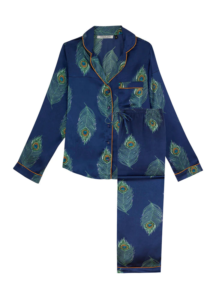 Womens Satin Traditional Pyjamas Navy Peacock Feather