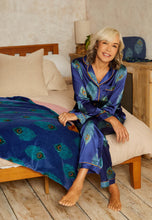 Load image into Gallery viewer, Womens Satin Traditional Pyjamas Navy Peacock Feather
