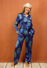 Load image into Gallery viewer, Womens Satin Traditional Pyjamas Navy Peacock Feather
