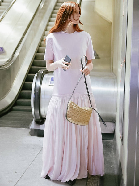 short sleeve pleated dress Oversized Round Neck – Sofa_Bed Betty Asymmetric Neckline Skater slim fit Color:Black (01)
