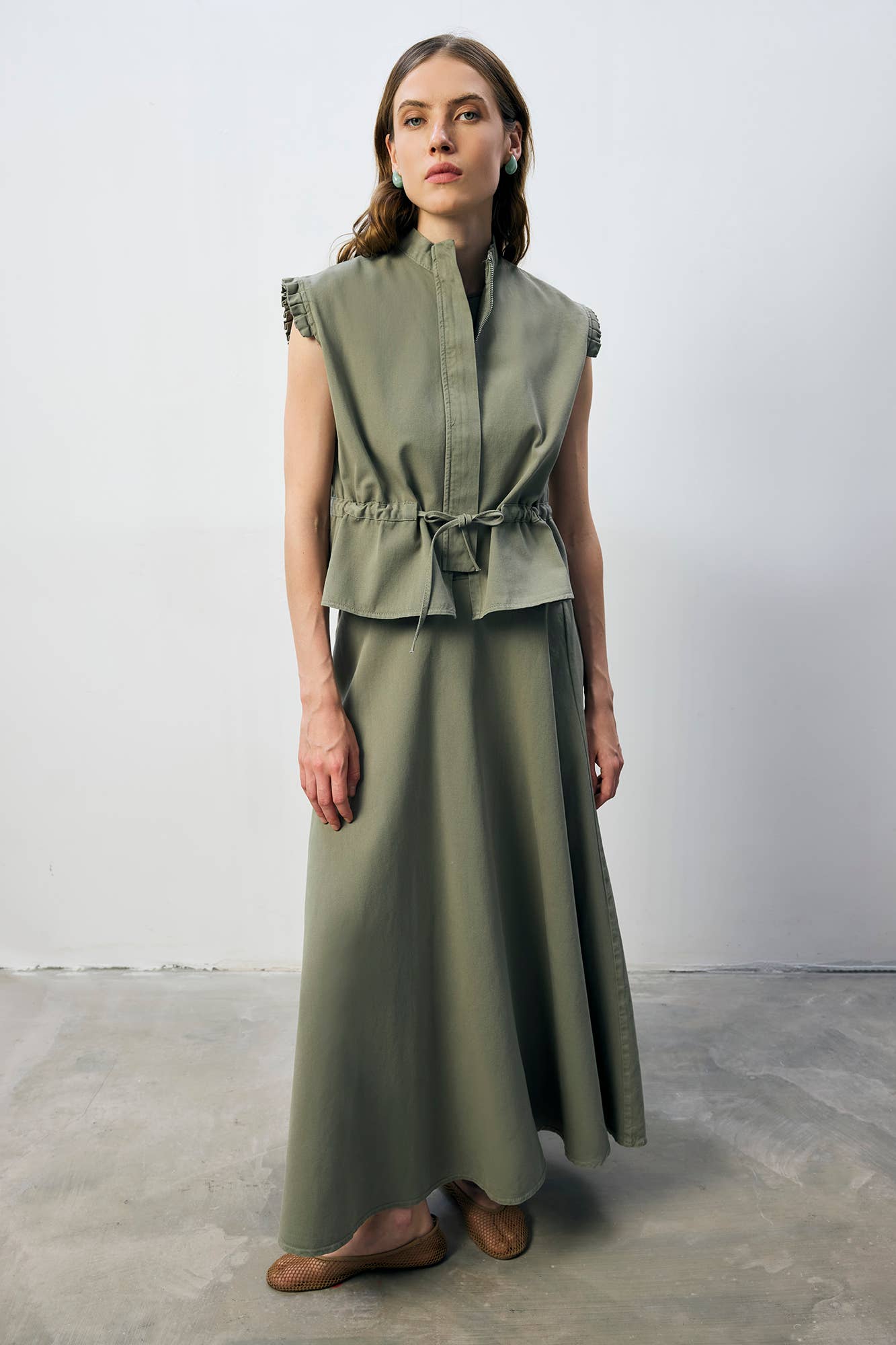 Pleated Shoulder Vest & A - Line Skirt Modest Set in Cotton - MarramTrading.com