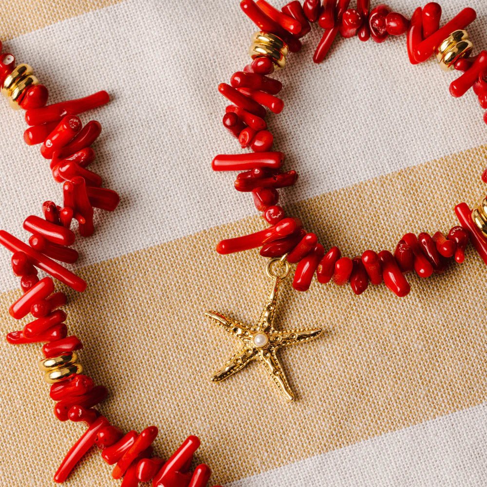 Red Coral Chip & Shell Bracelet - MarramTrading.com