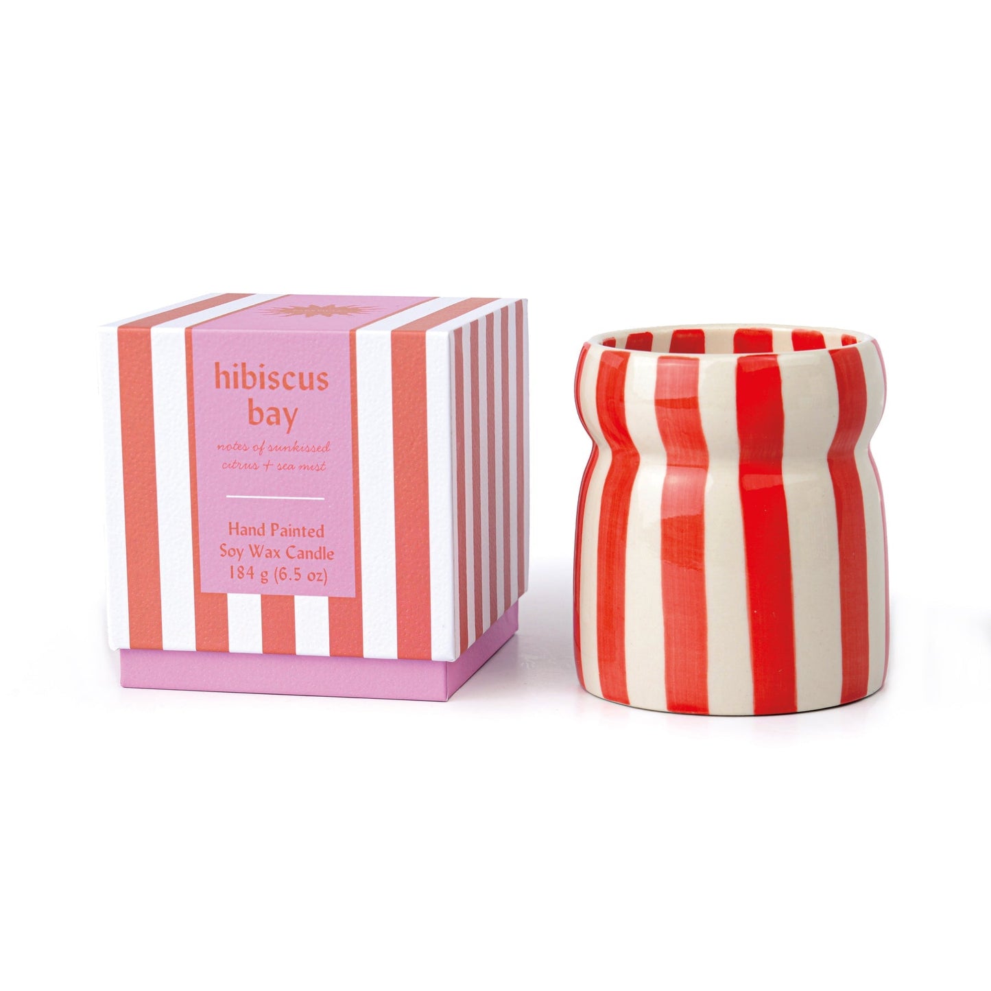 Red Stripped Ceramic Candle - Hibiscus Bay Boxed - MarramTrading.com