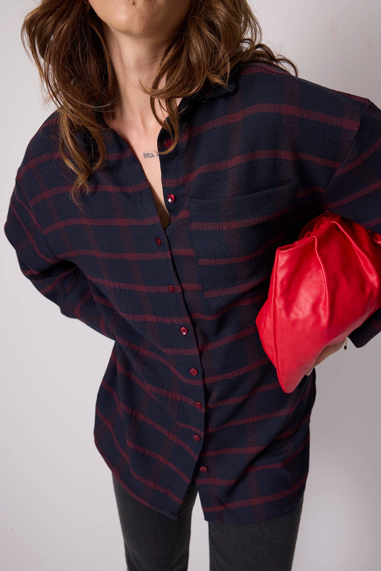 Relaxed Navy - Red Plaid Button - Up Shirt - Cotton Blend - MarramTrading.com