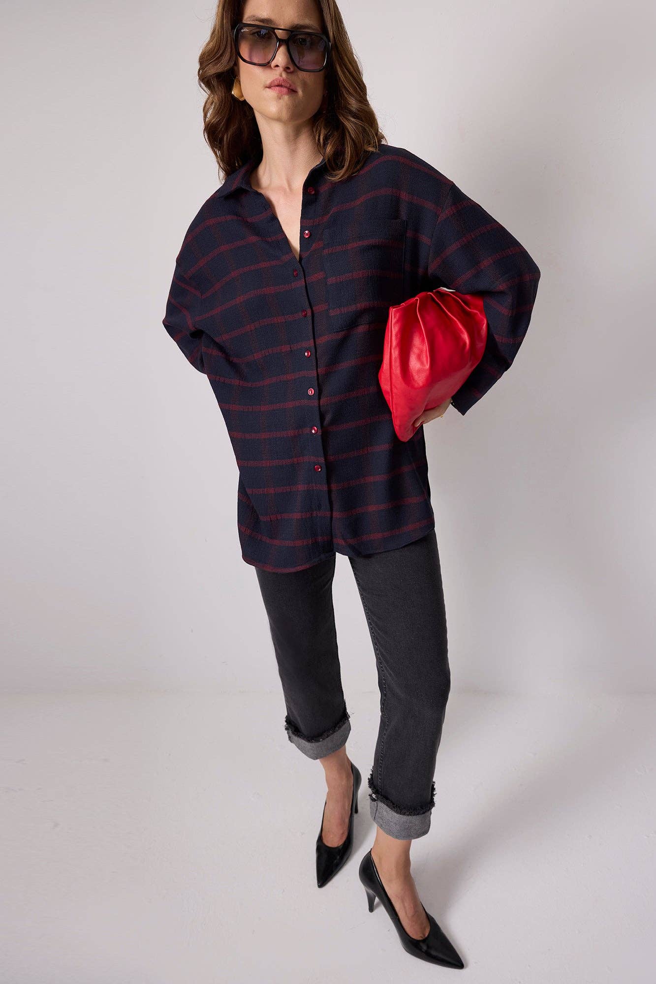 Relaxed Navy - Red Plaid Button - Up Shirt - Cotton Blend - MarramTrading.com
