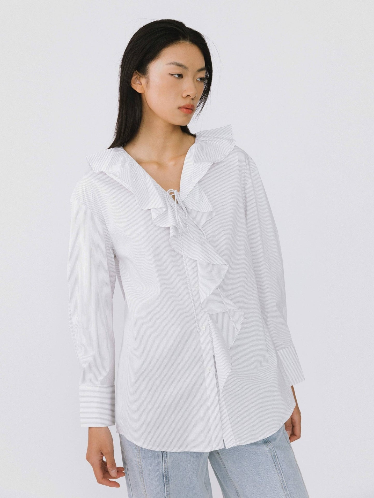 Ruffle Collar Striped Shirt - MarramTrading.com
