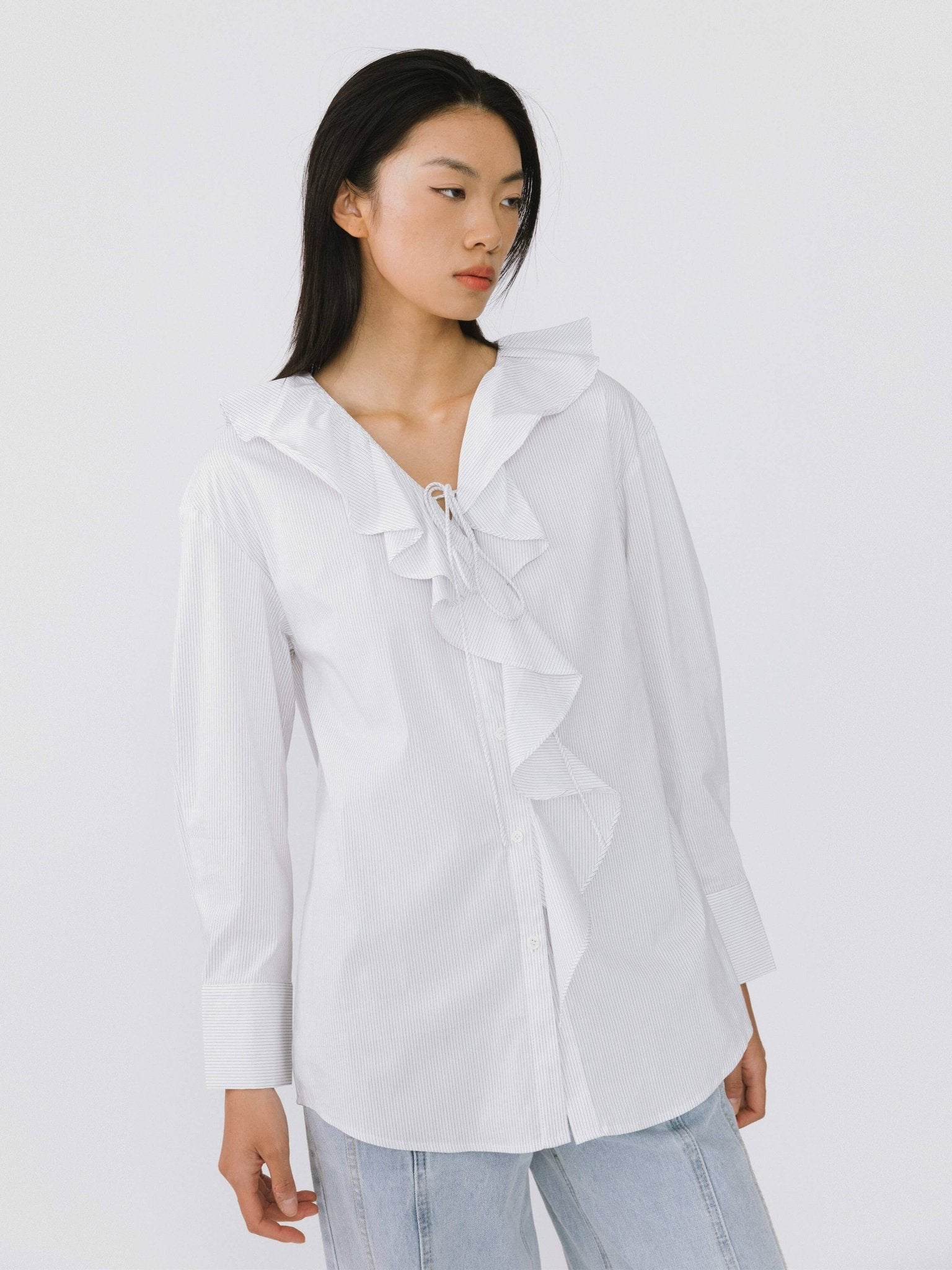 Ruffle Collar Striped Shirt - MarramTrading.com