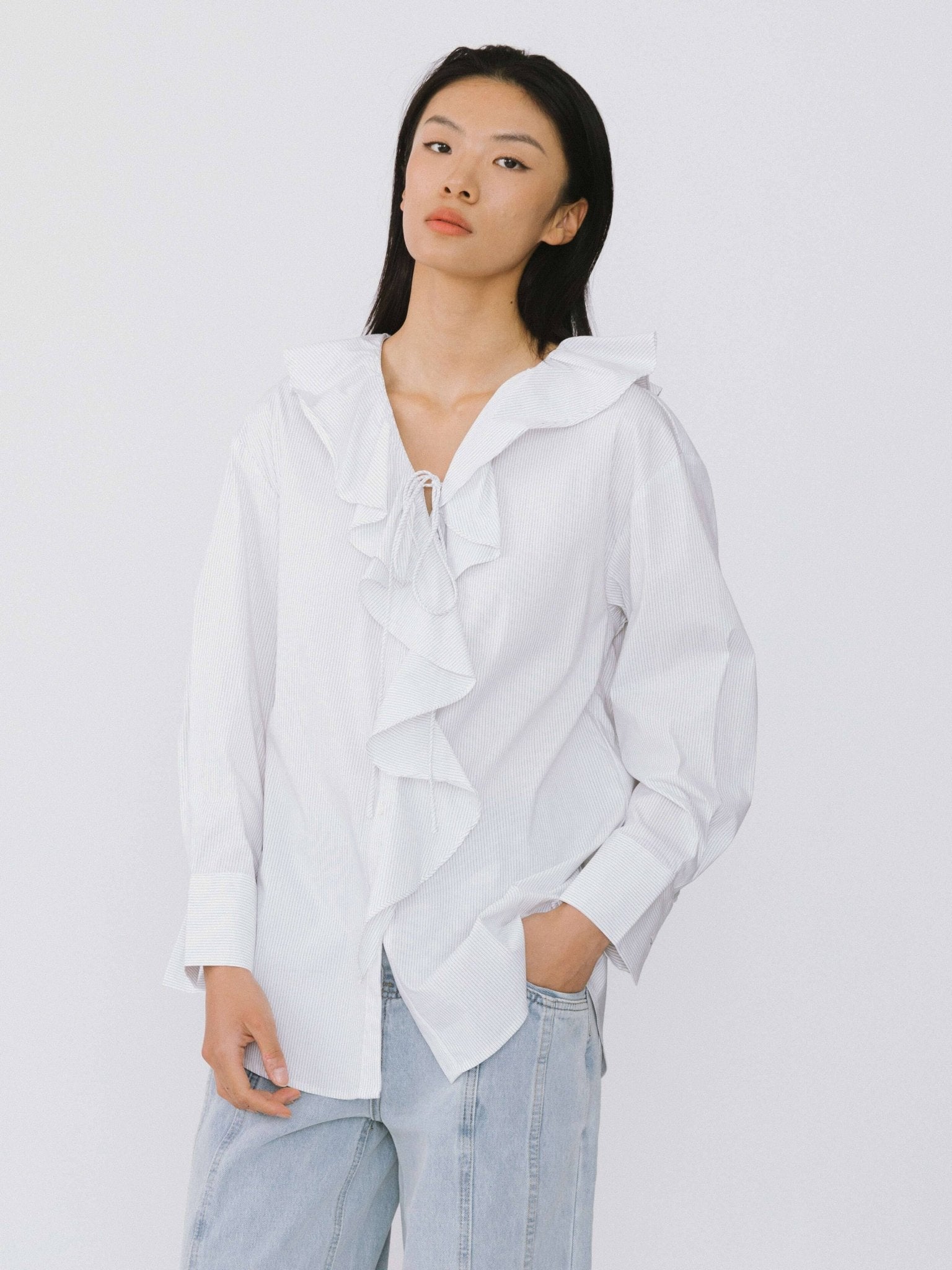 Ruffle Collar Striped Shirt - MarramTrading.com