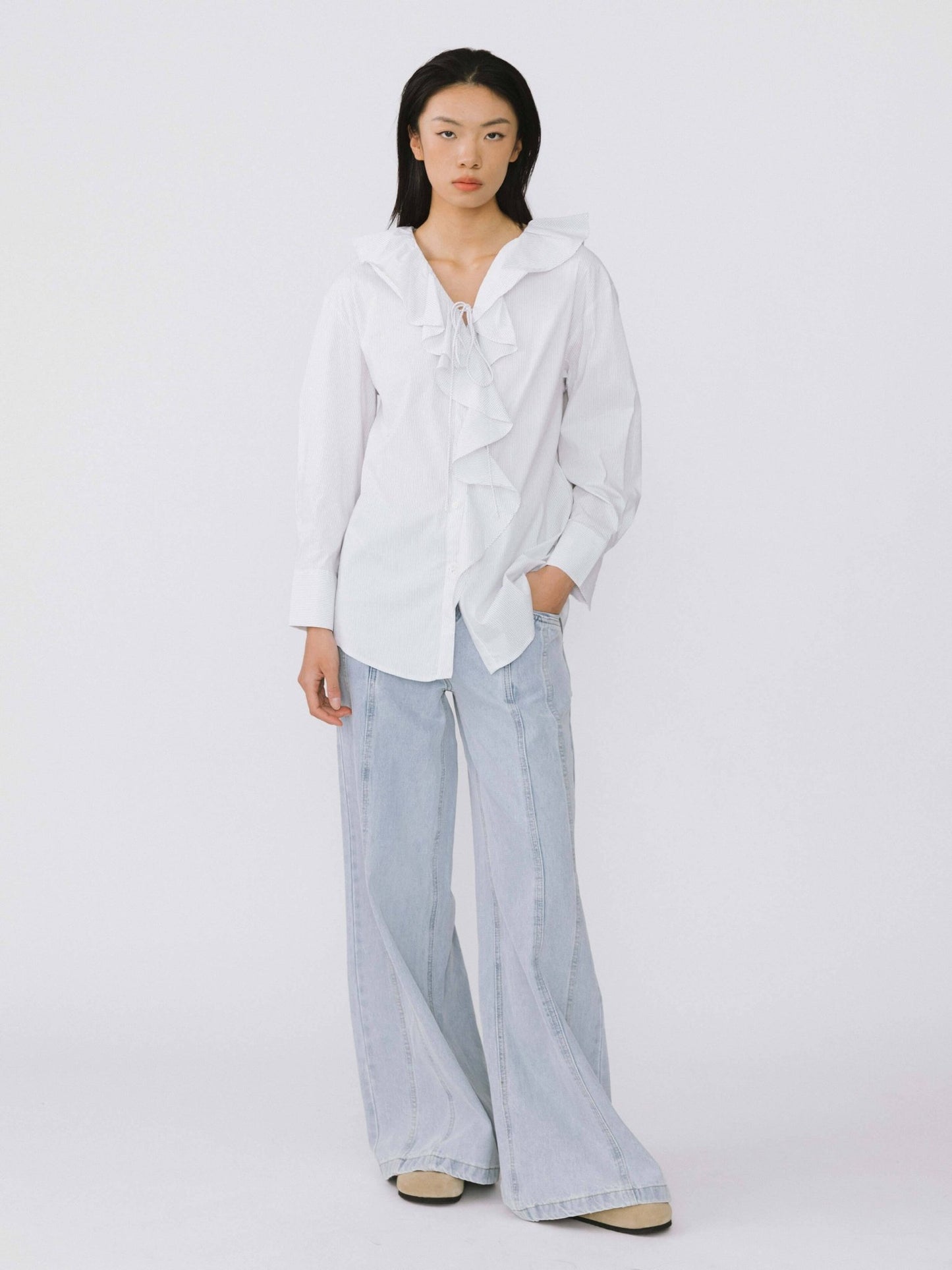 Ruffle Collar Striped Shirt - MarramTrading.com