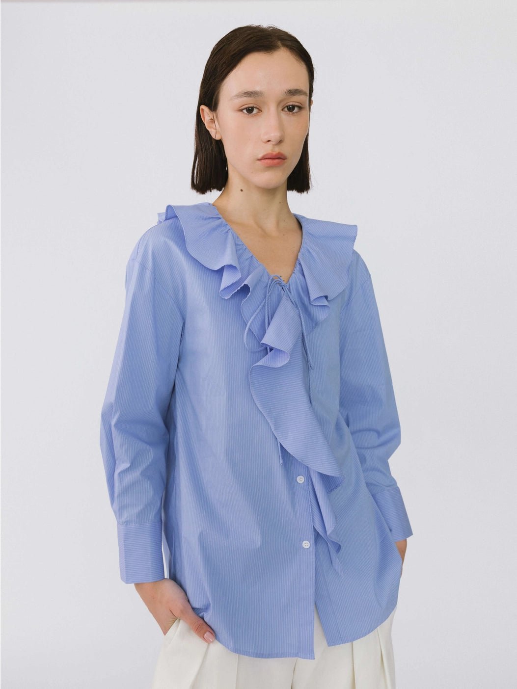 Ruffle Collar Striped Shirt - MarramTrading.com