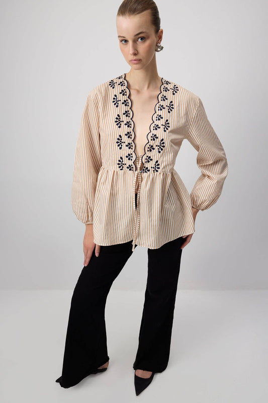 Scallop Embroidered Striped Kimono Blouse - MarramTrading.com