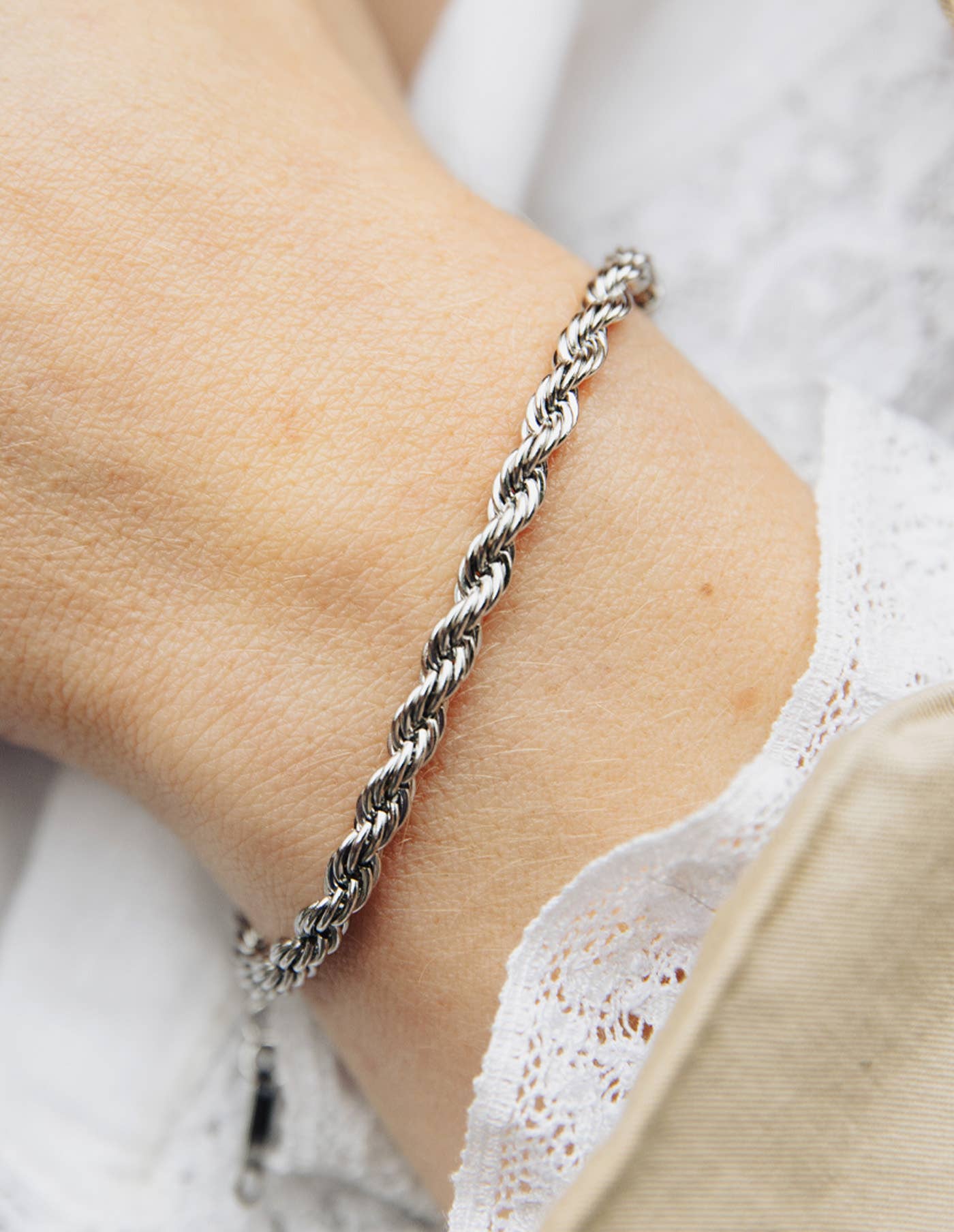 Silver 4mm Rope Twist Bracelet, Waterproof - MarramTrading.com
