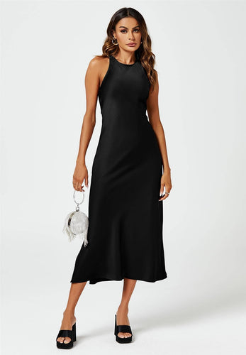 Slim - Fit Satin Midi Dress In Black - MarramTrading.com