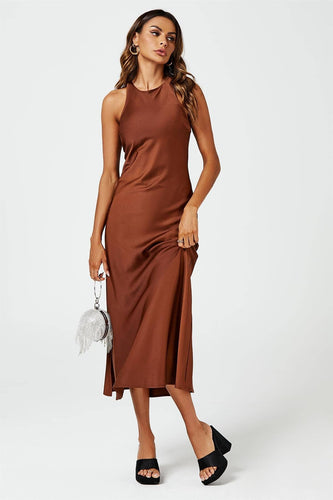 Slim - Fit Satin Midi Dress In Brown - MarramTrading.com