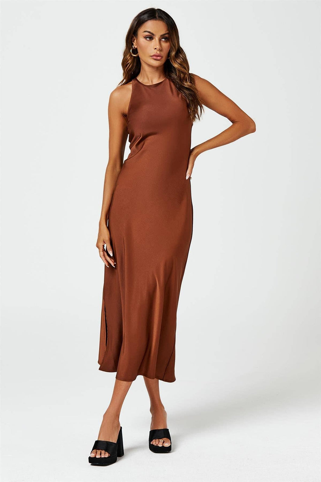 Slim - Fit Satin Midi Dress In Brown - MarramTrading.com