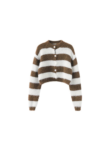 Striped Mock Neck Fluffy Cardigan - MarramTrading.com