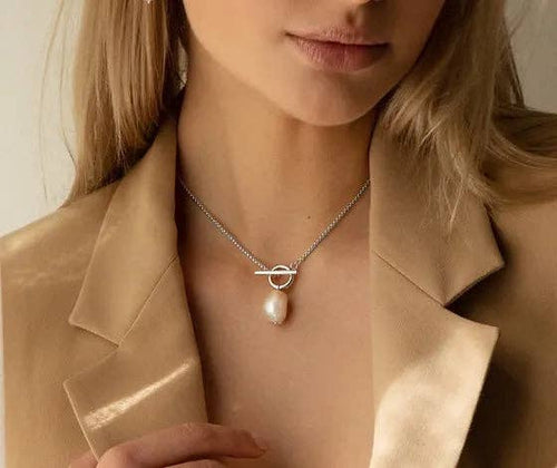 T Bar Pearl Necklace Silver Plated - MarramTrading.com