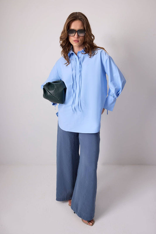 TIE - NECK COTTON TUNIC WITH SHIRT COLLAR - MarramTrading.com