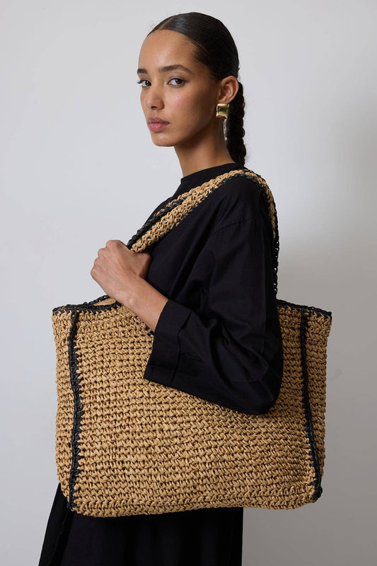 Two - Tone Woven Straw Tote Bag with Contrast Trim - MarramTrading.com
