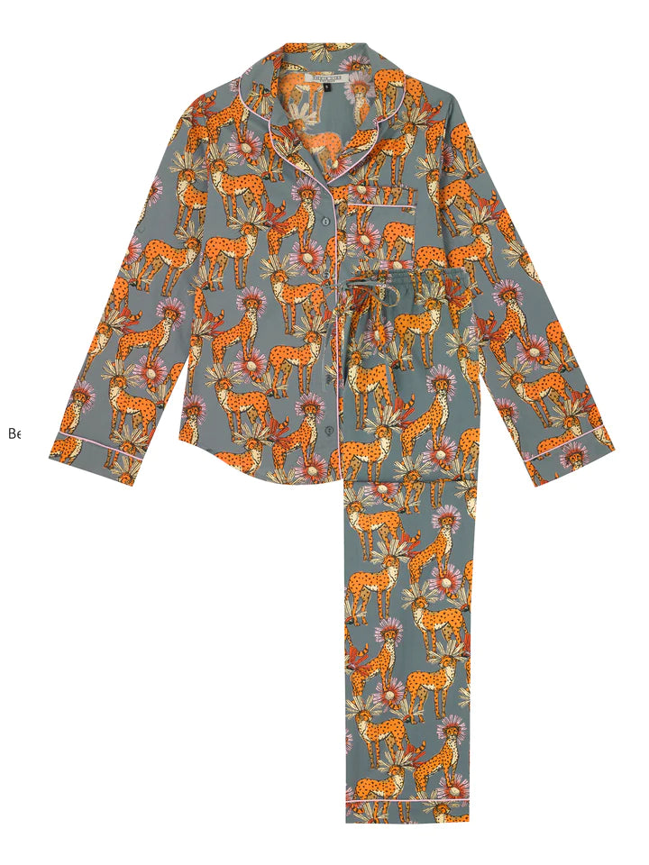 Womens Traditional Cotton Pyjama Set, Grey Untamed Cheetah Print