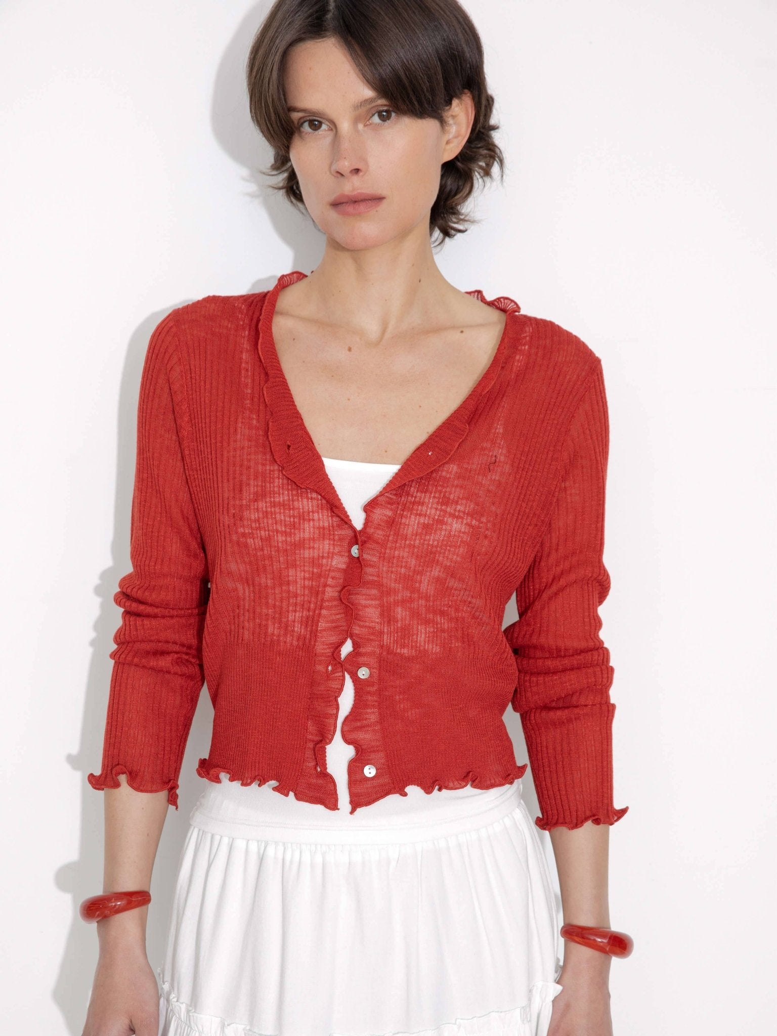 V - Neck Knit Cardigan with Ruffled Long Sleeves - MarramTrading.com