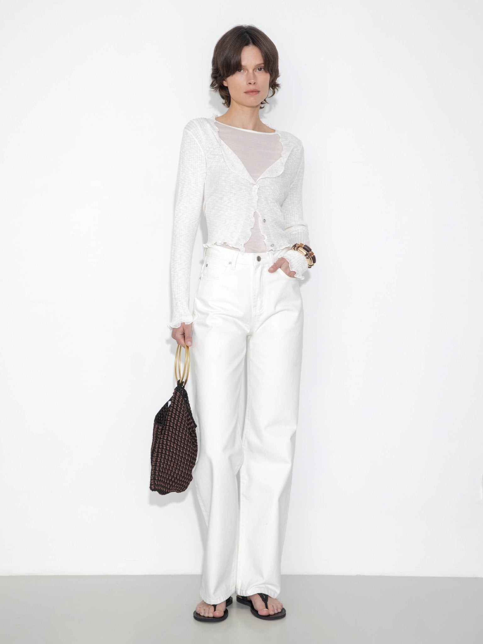 V - Neck Knit Cardigan with Ruffled Long Sleeves - MarramTrading.com