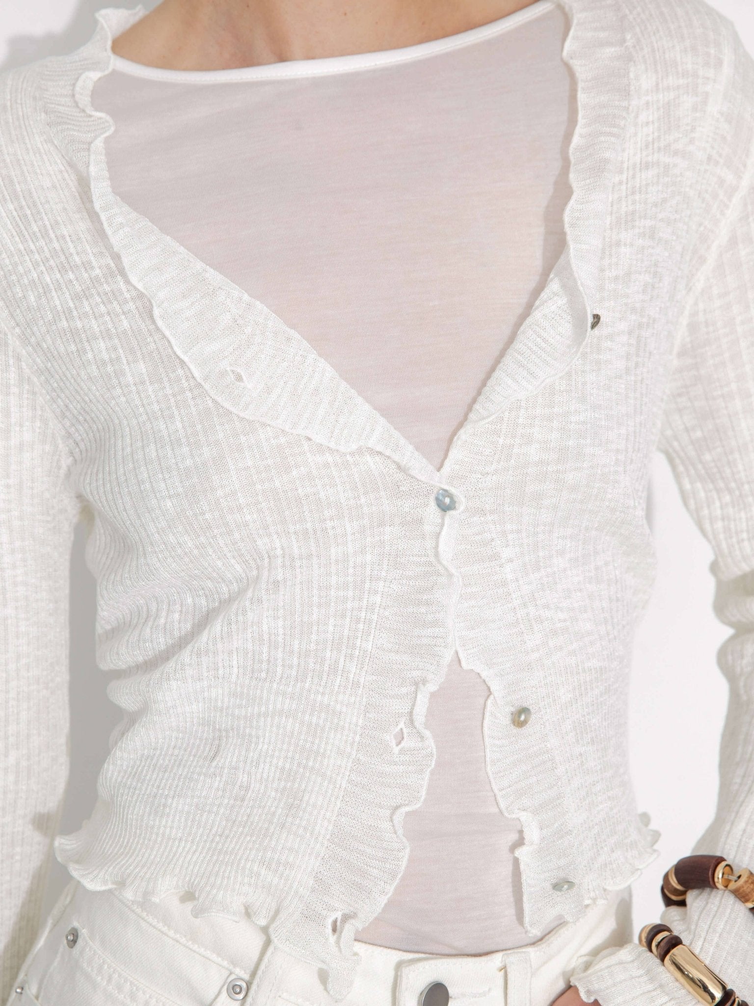 V - Neck Knit Cardigan with Ruffled Long Sleeves - MarramTrading.com